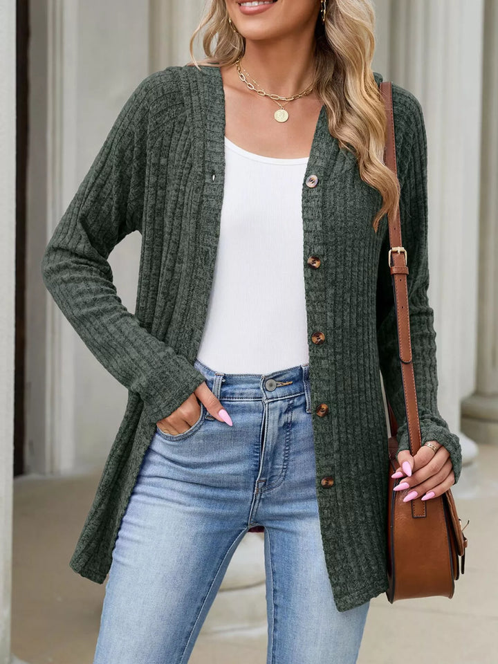 Ribbed knit hooded cardigan with tortoise buttons