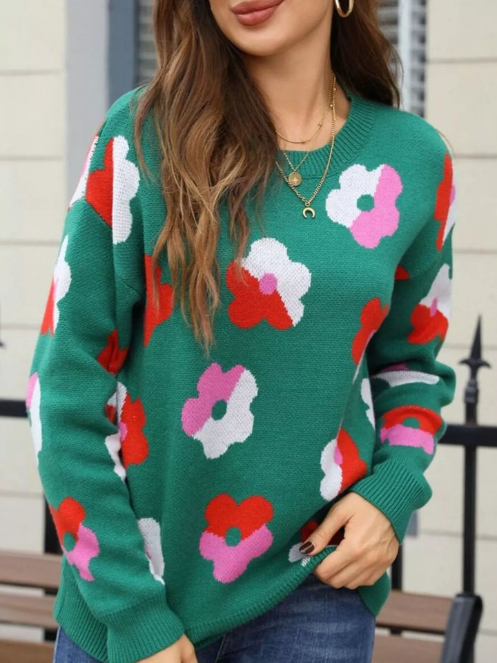 Retro floral crew neck knit pullover sweater