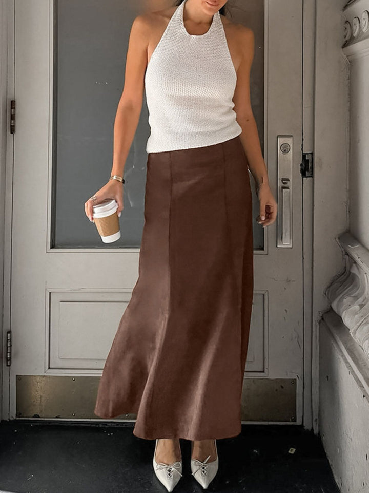 Faux suede high-waist straight midi skirt