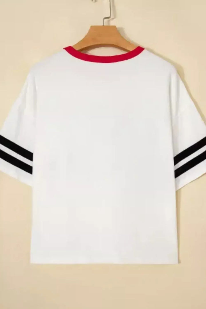 Distressed USA graphic varsity tee with striped sleeves
