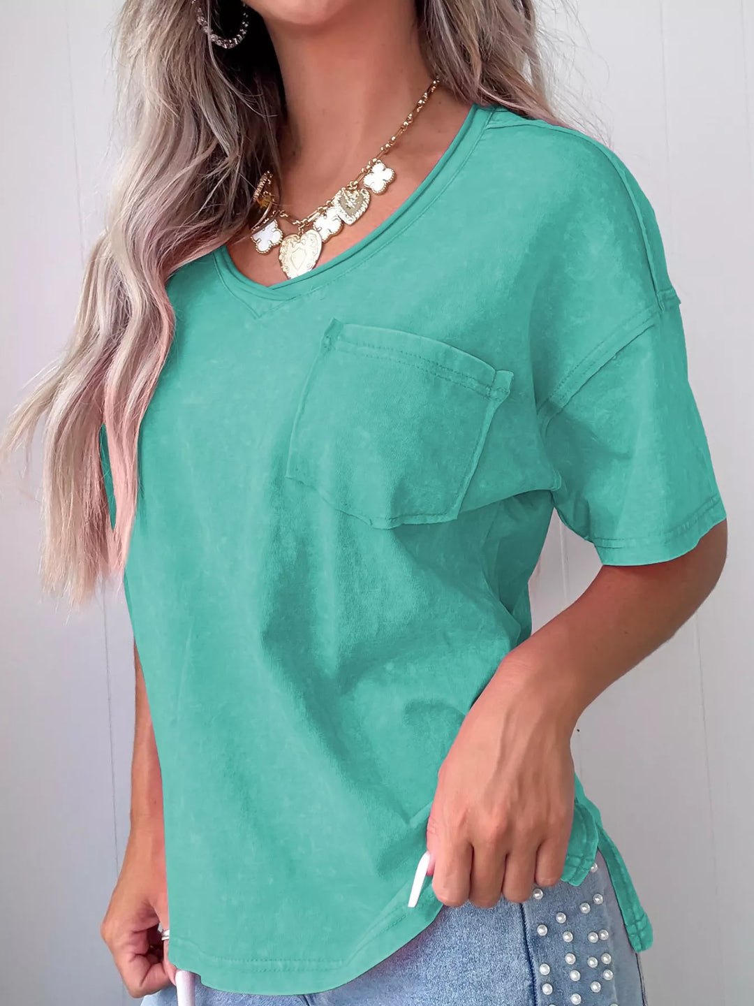 Mineral wash V-neck cotton tee with chest pocket