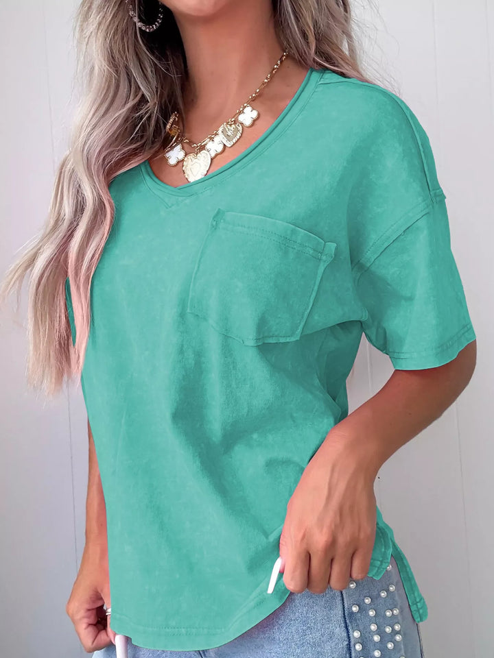 Mineral wash V-neck cotton tee with chest pocket