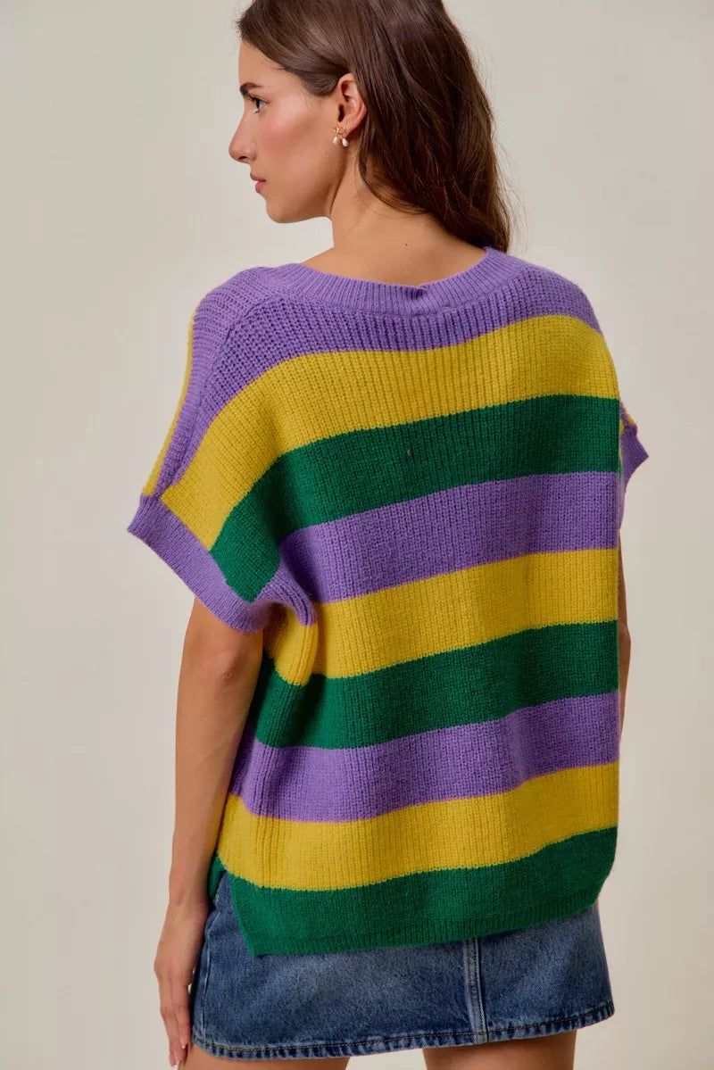Ribbed striped V-neck short sleeve sweater top