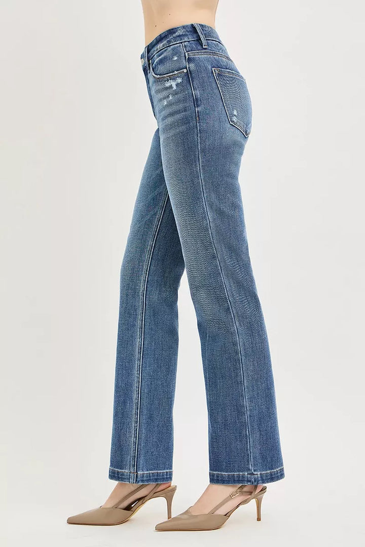 Tummy control mid-rise straight leg jeans with crease line