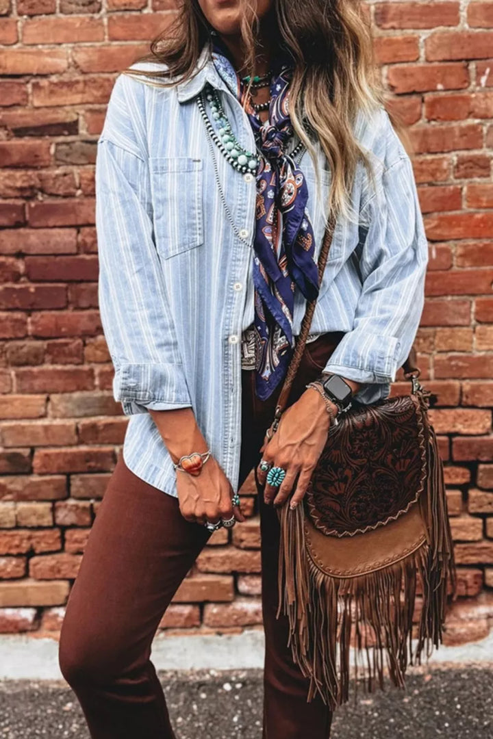 Striped denim shacket with chest pockets and raw hem