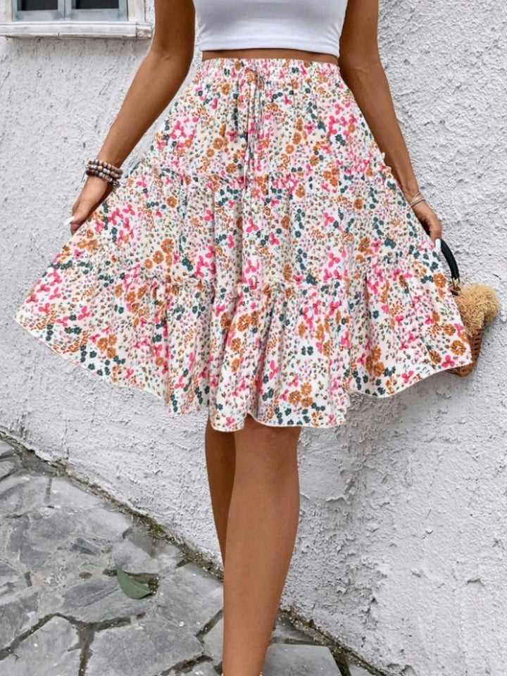 Floral print tiered ruffle mini skirt