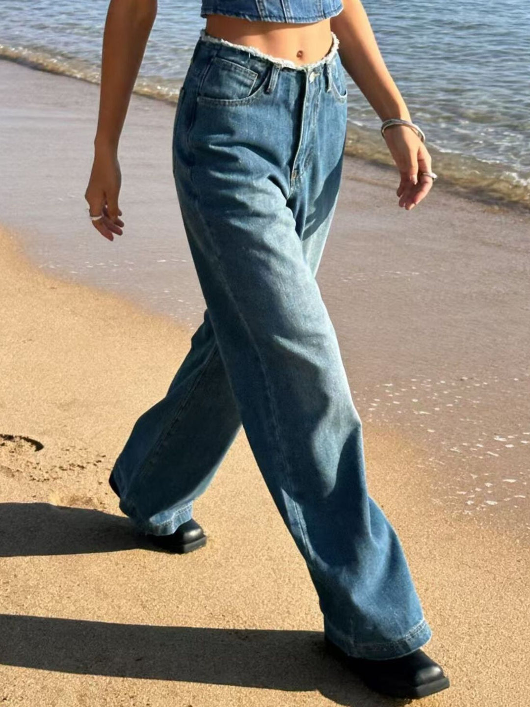 Frayed waistband high-rise wide-leg jeans