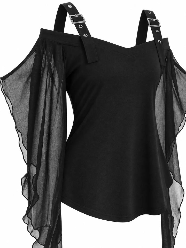Off-shoulder buckle strap top with sheer mesh bell sleeves