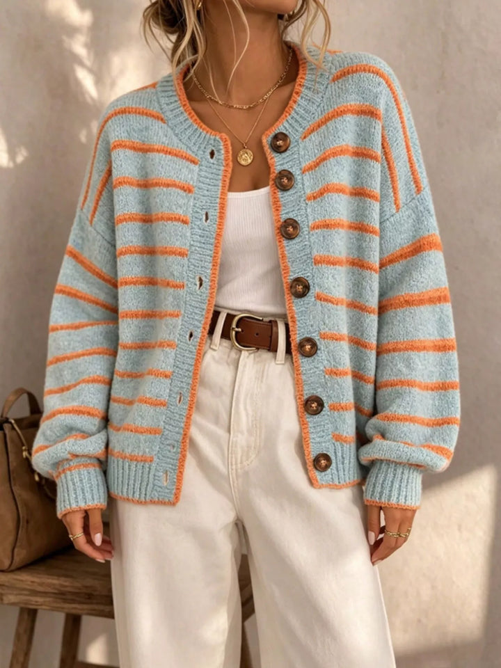 Striped button-front knit cardigan with contrast trim