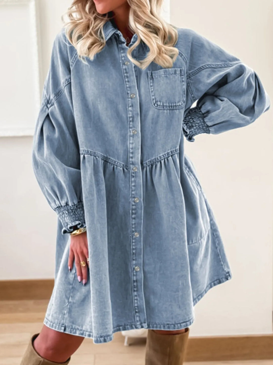 Medium Tiered denim shirt dress with smocked cuffs and side pockets