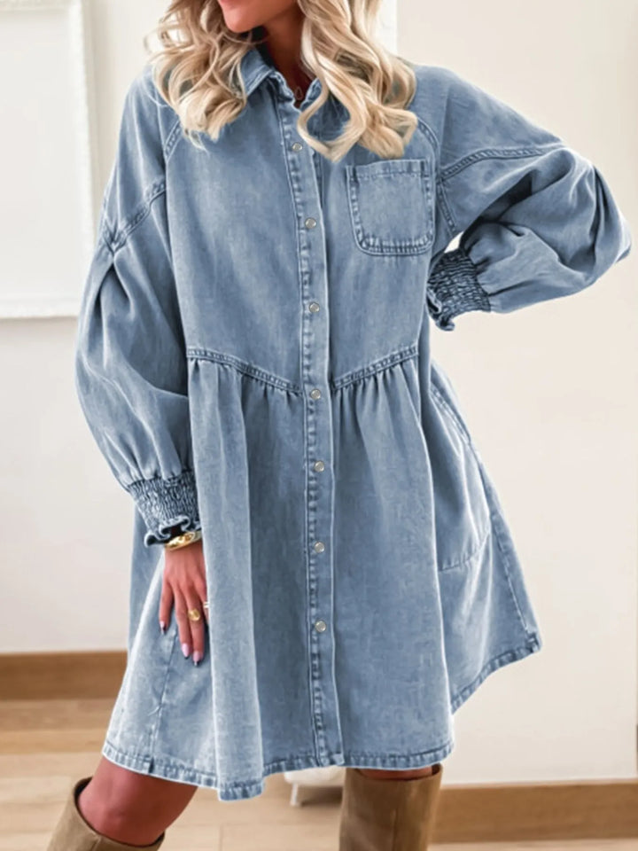 Medium Tiered denim shirt dress with smocked cuffs and side pockets