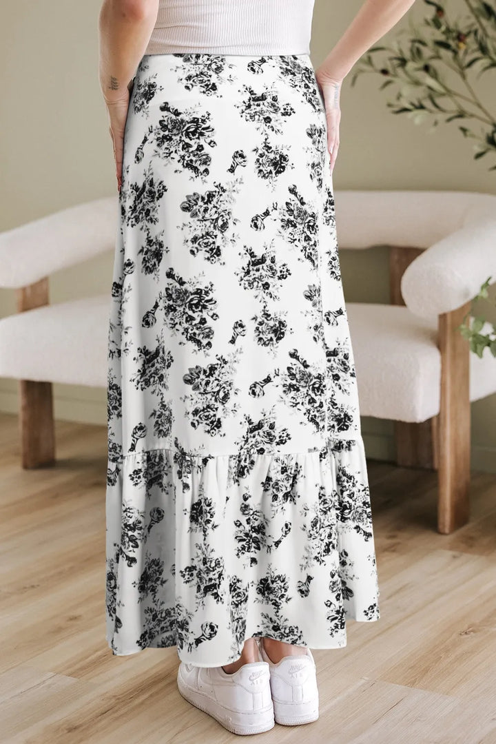 High-waist floral maxi skirt with ruffle and front slit