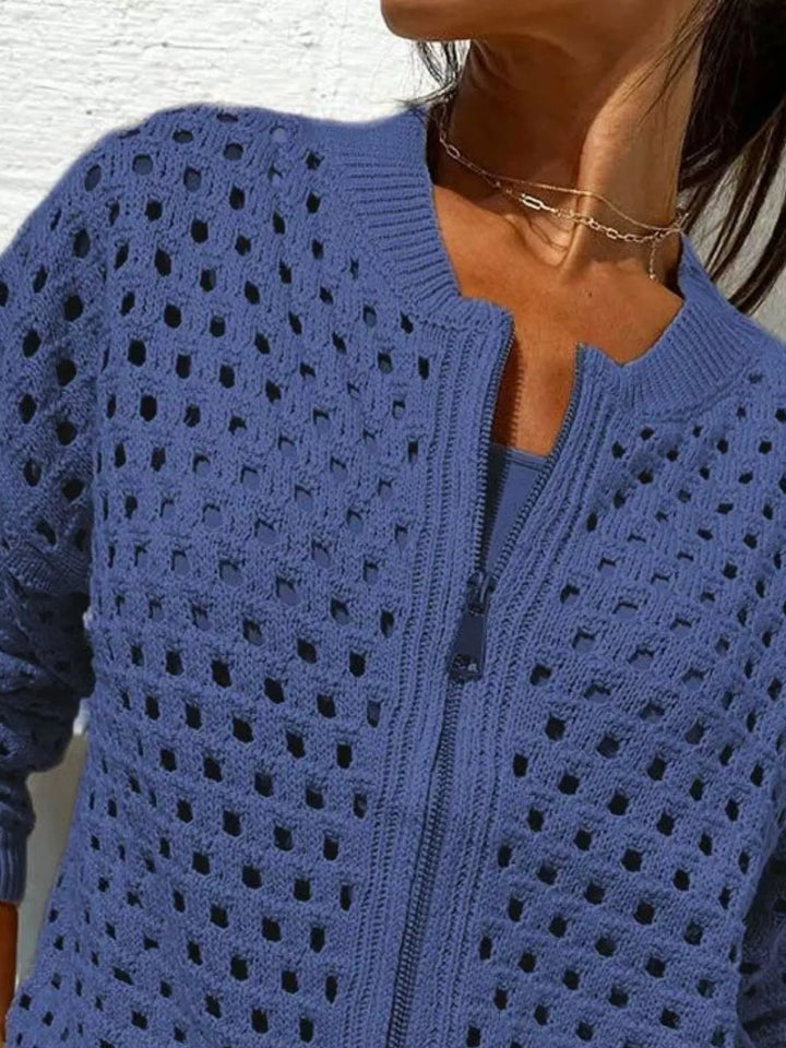 Open-knit zip-up bomber cardigan with ribbed trim