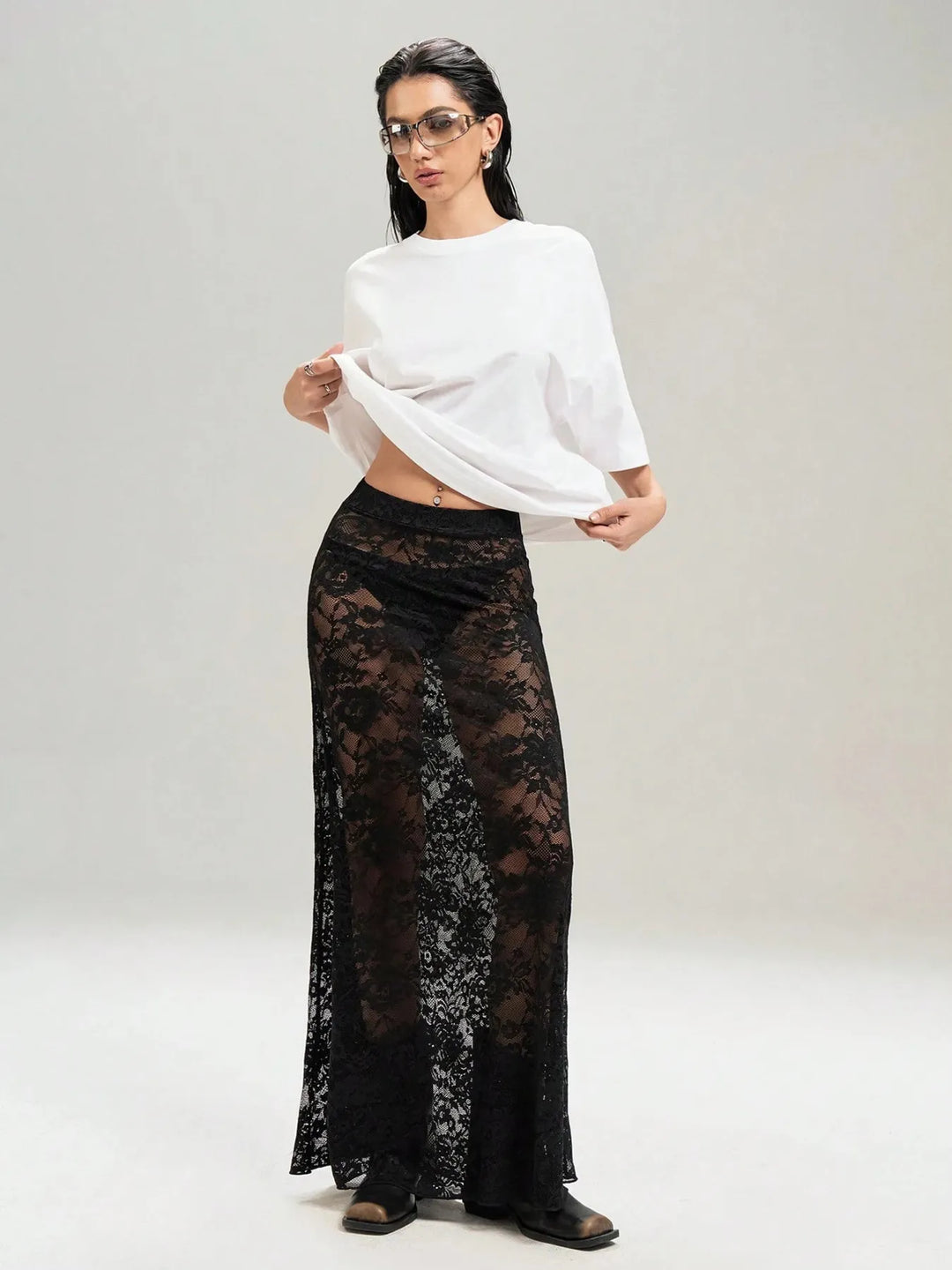 Sheer floral lace maxi skirt with stretch