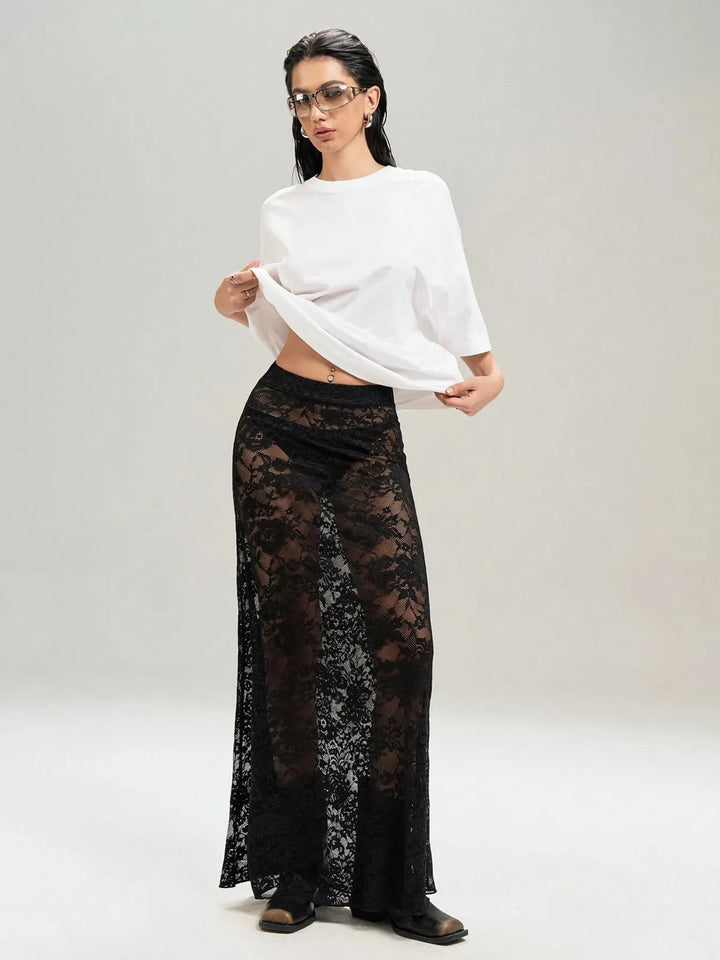 Sheer floral lace maxi skirt with stretch