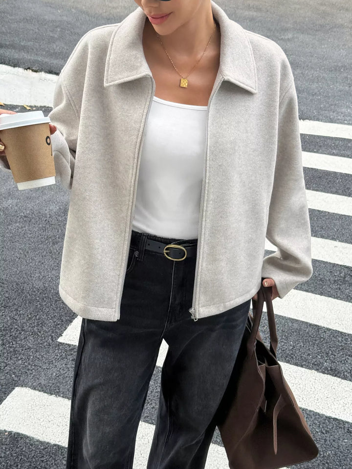 Beige Zip-up dropped shoulder jacket with collar