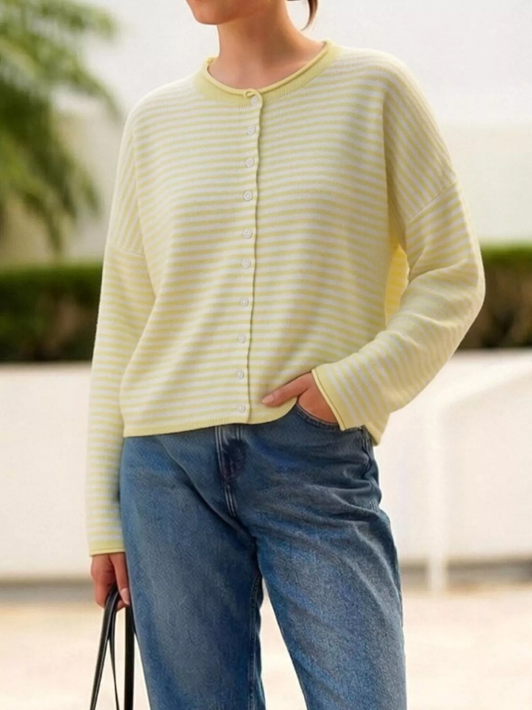 Light Yellow Stripes Striped button-front knit cardigan with drop shoulders