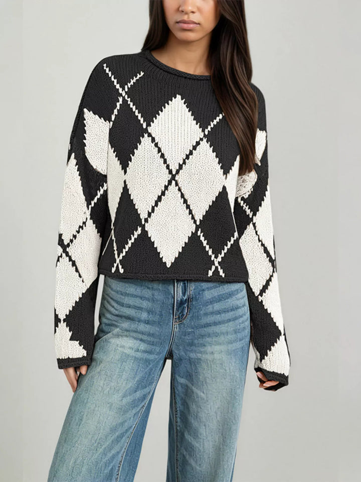 Black Argyle knit dropped shoulder sweater with ribbed trim