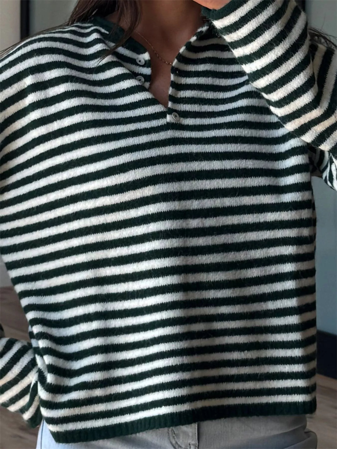 Striped dropped-shoulder collared sweater with button placket