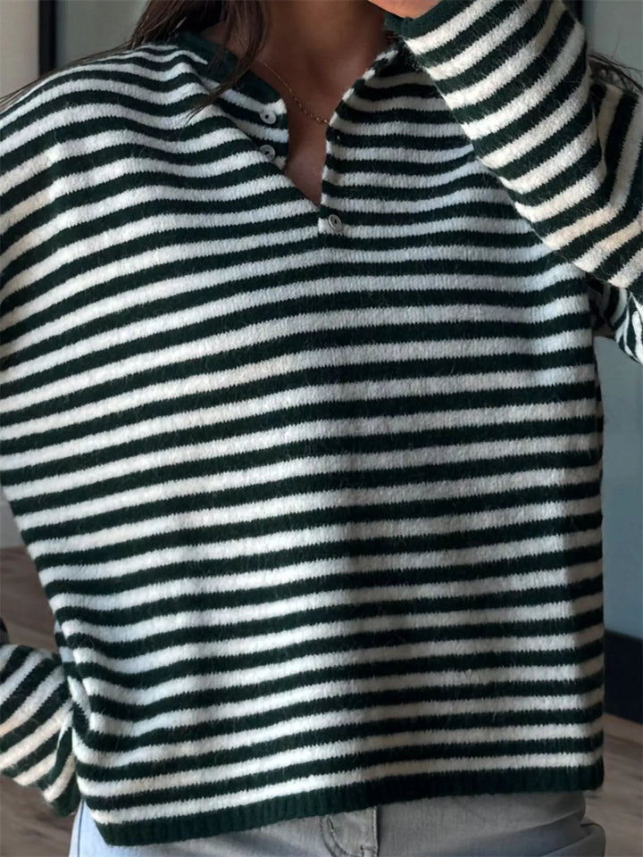 Striped dropped-shoulder collared sweater with button placket