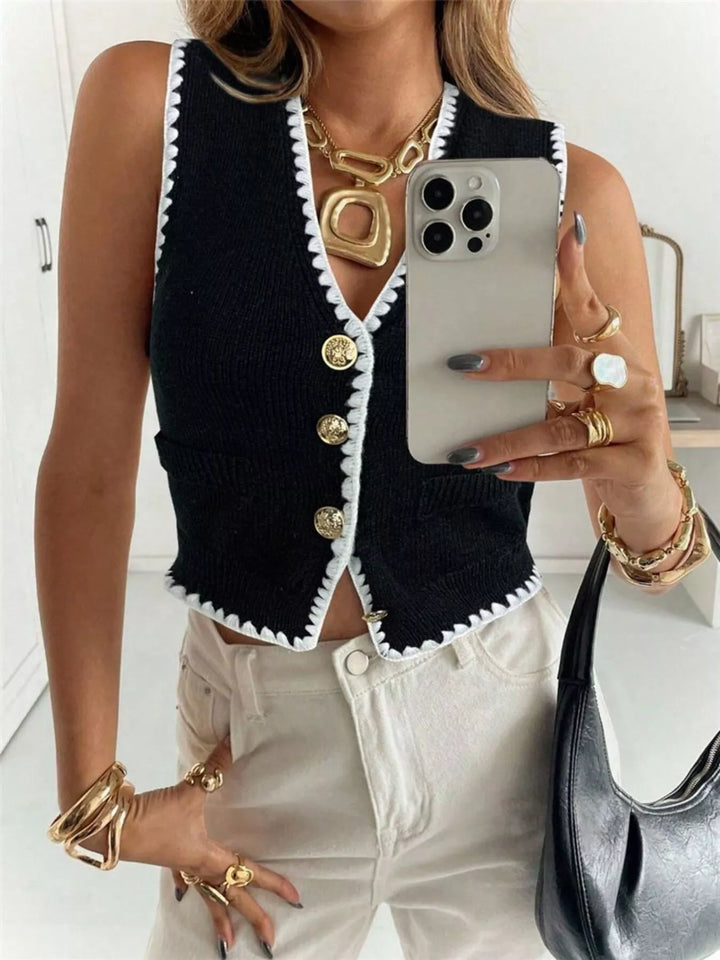 Contrast crochet-trim button-up sweater vest