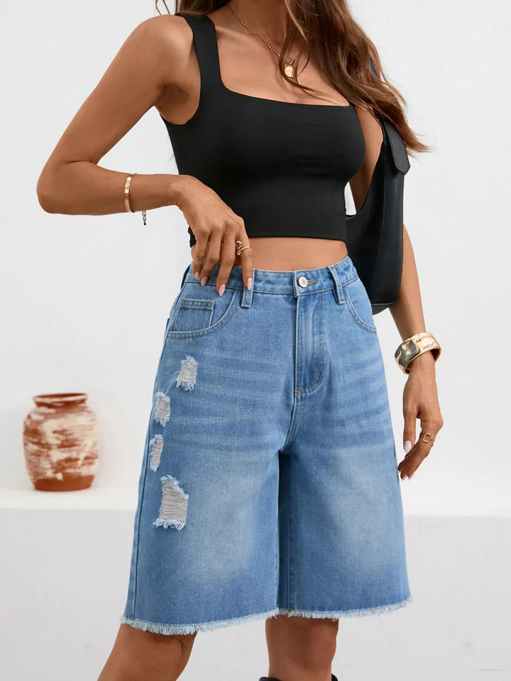 Distressed high-rise denim bermuda shorts with frayed hem