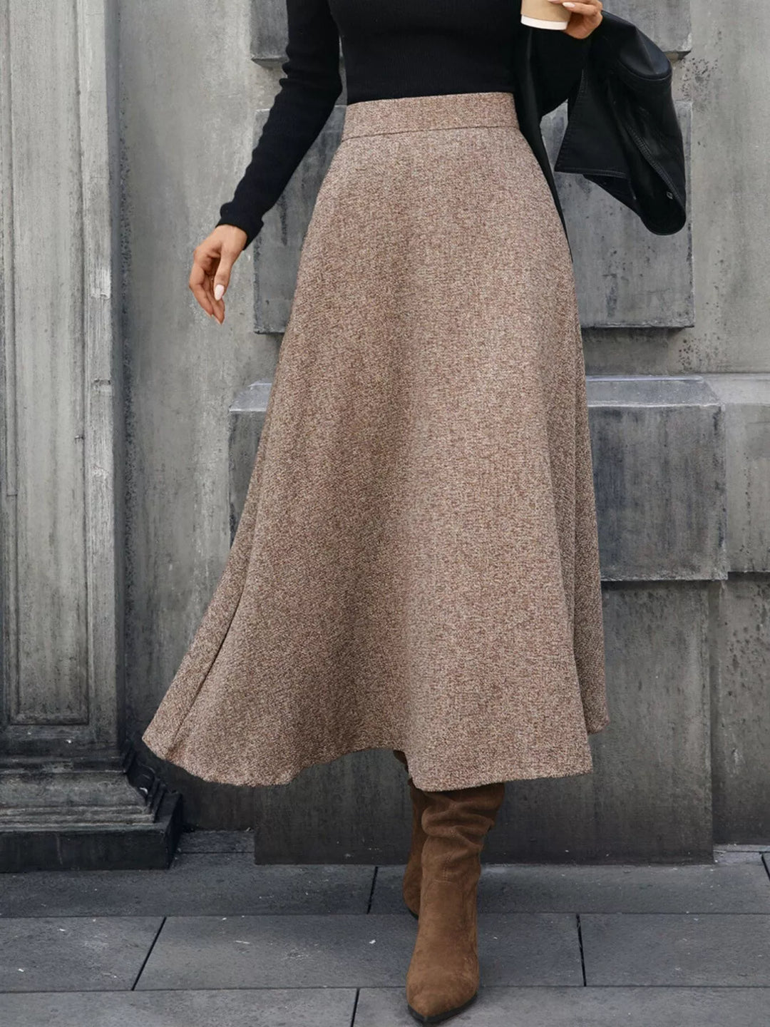 High-waist A-line midi skirt with side pockets