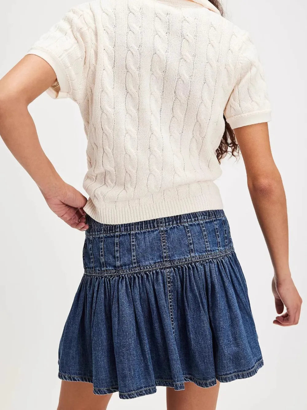 Navy Button-front ruffled mini denim skirt with drawstring waist