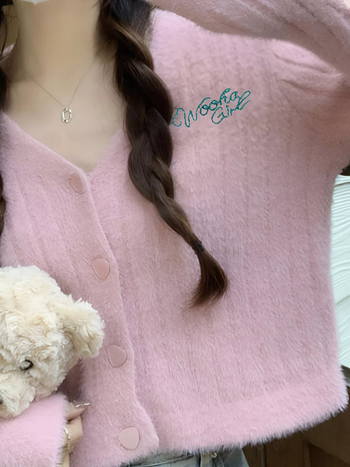 Fuzzy brushed knit button-up cropped cardigan