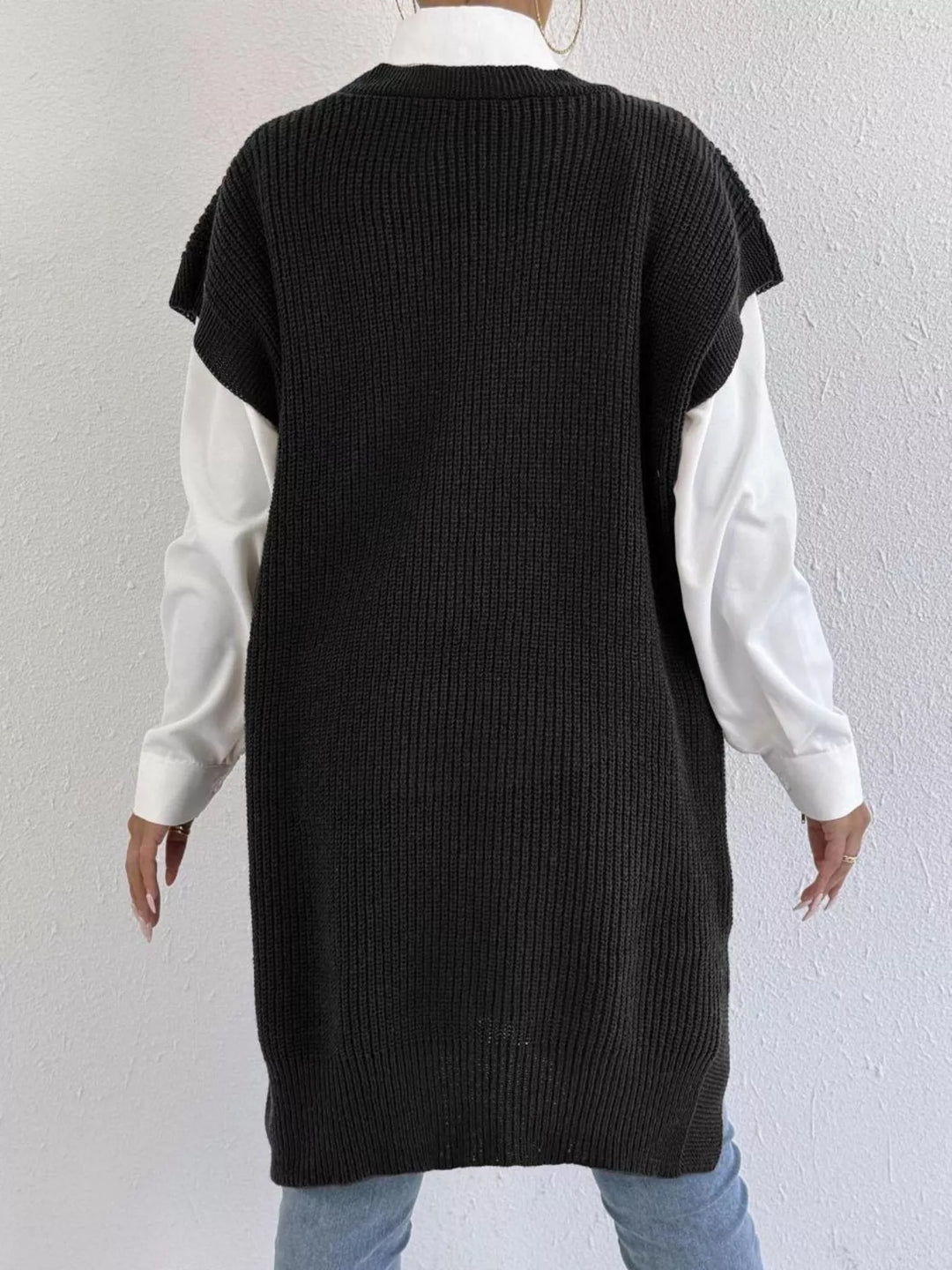 Pearl-trim V-neck ribbed sweater dress with side slits