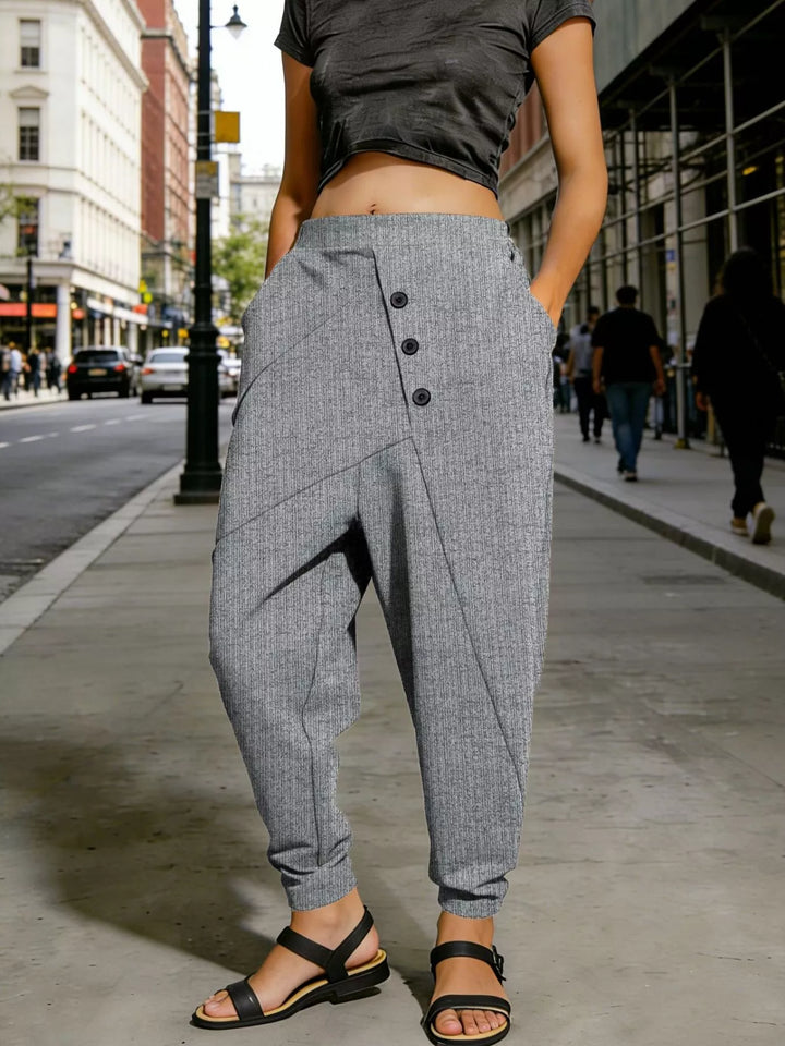 Gray Plus size ribbed harem pants with decorative buttons