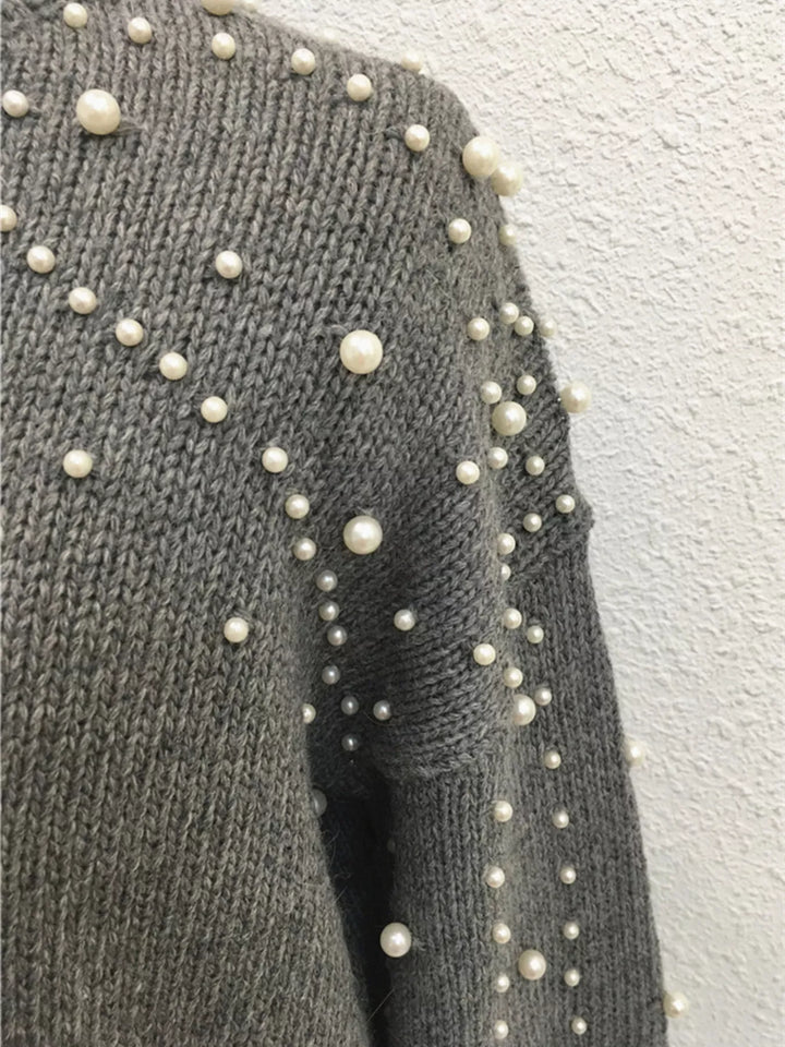 Pearl-embellished mock neck sweater with balloon sleeves