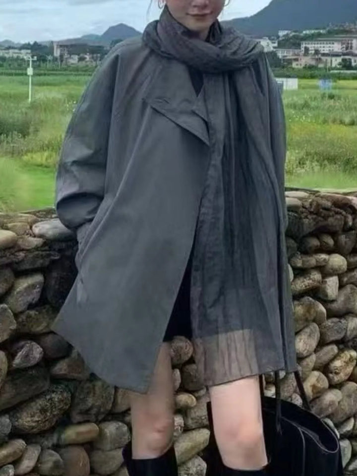 Open front drawstring waist trench coat with notched lapel