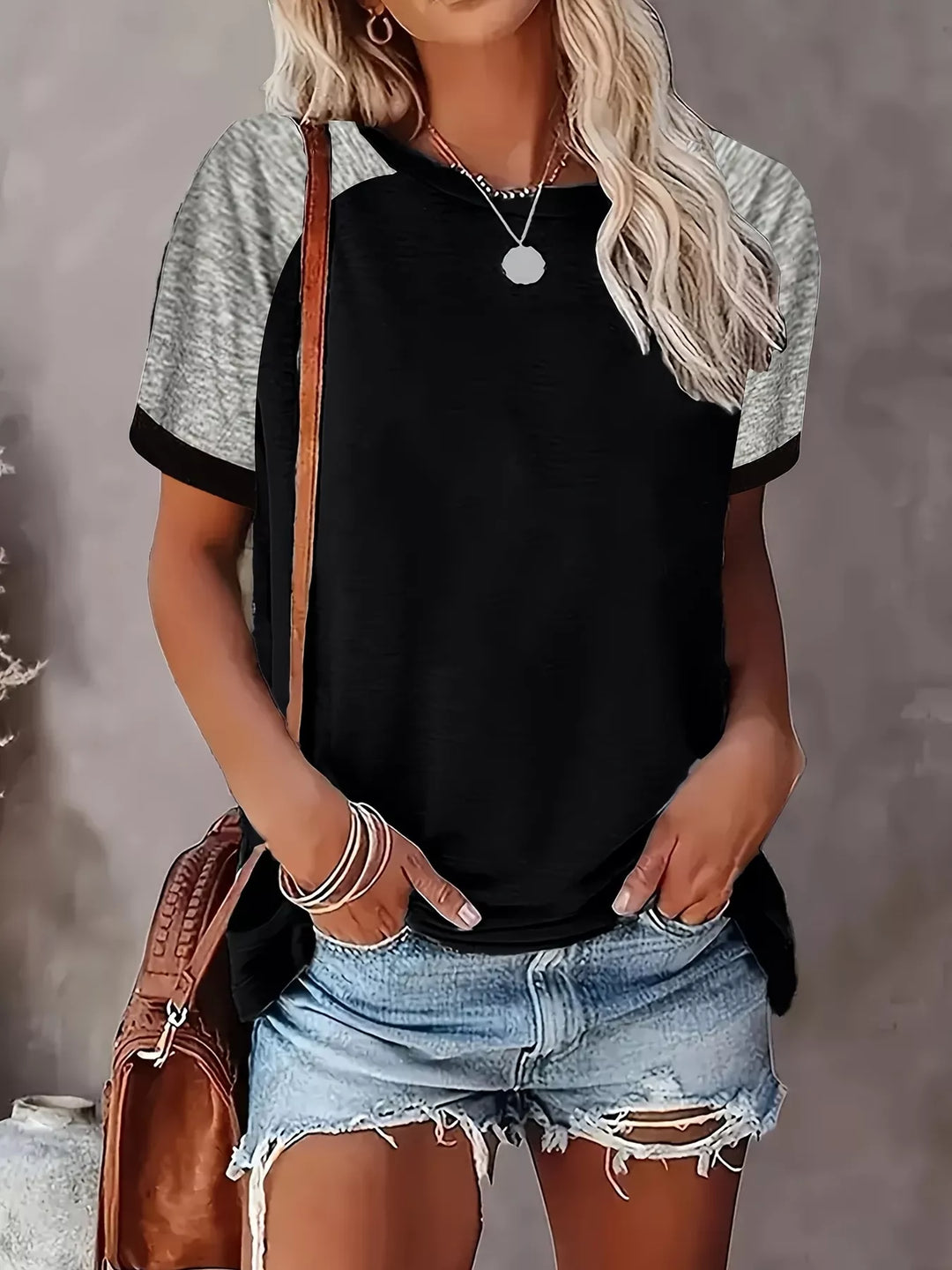 Black Color block raglan sleeve crew neck tee with contrast cuffs