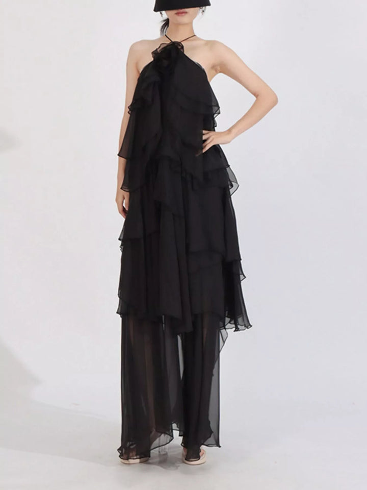 Tiered ruffle chiffon halter maxi dress with rosette