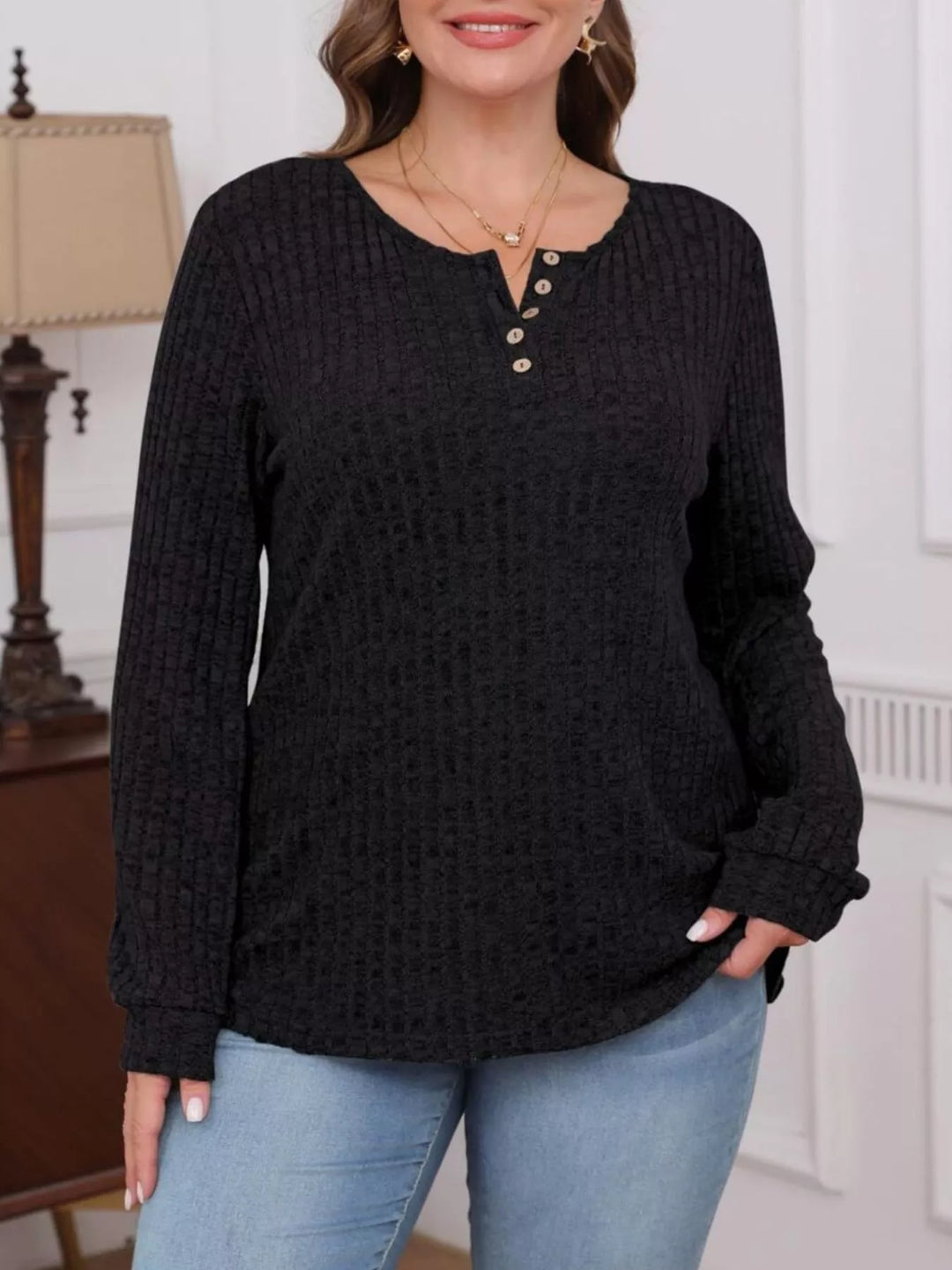 Ribbed knit button henley long sleeve top