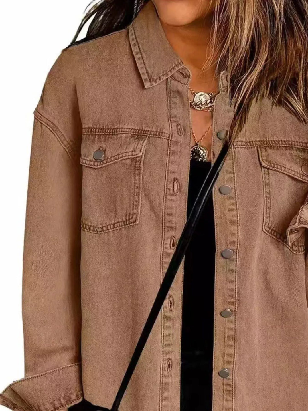 Frayed raw hem button-up denim jacket with flap pockets