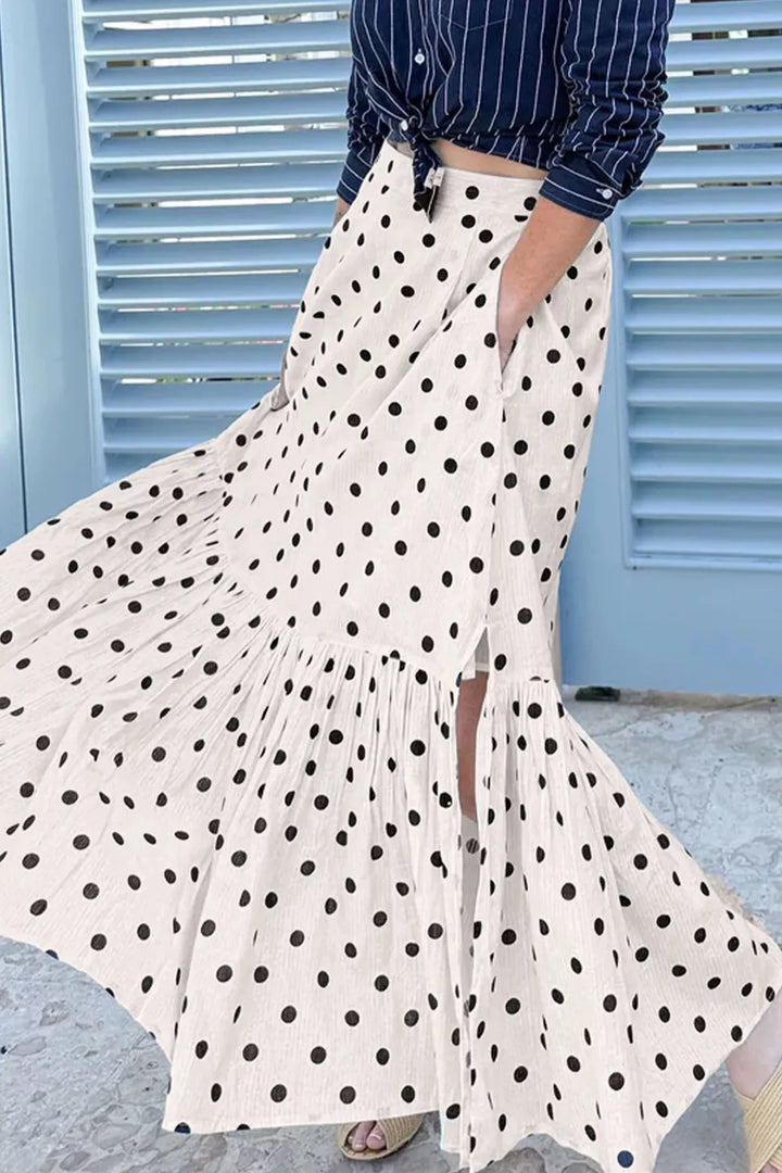 Polka dot ruffled maxi skirt with side slit and pockets