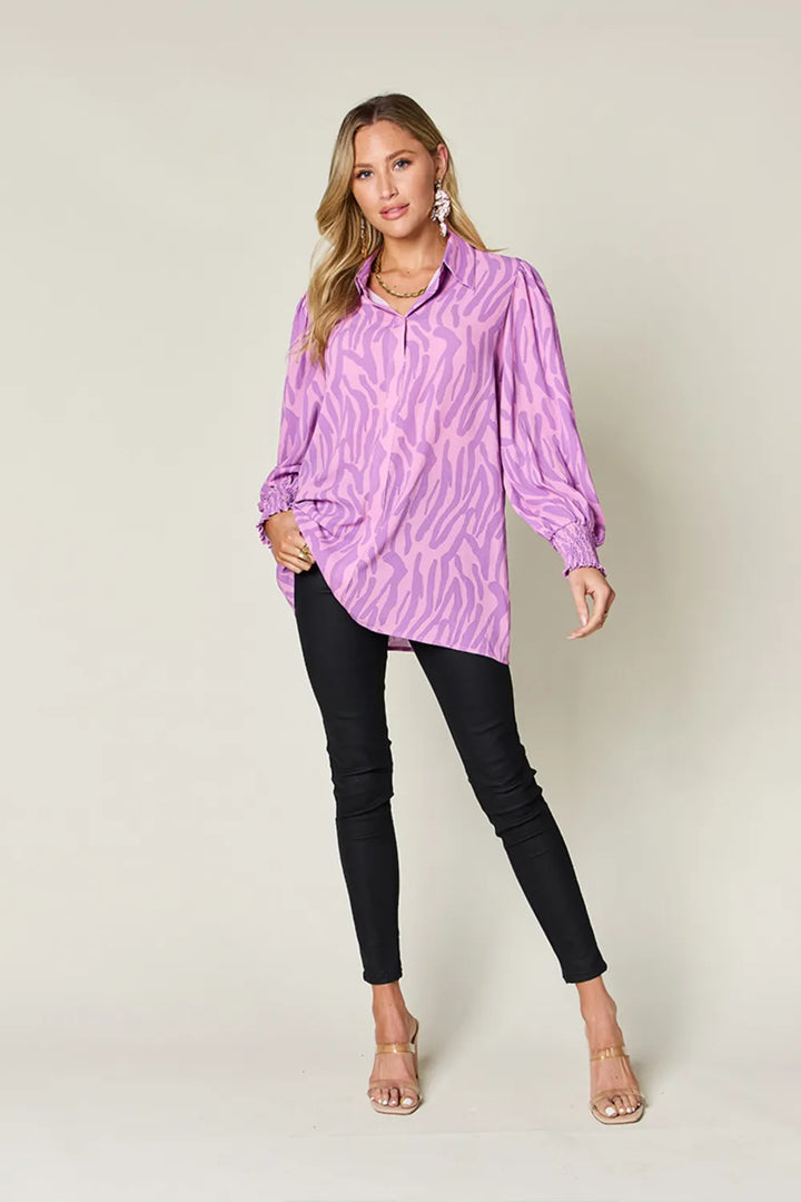 Zebra print smocked-cuff long sleeve blouse