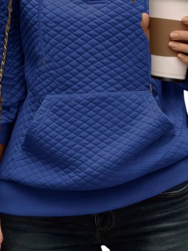 Diamond-textured drawstring pullover hoodie with button placket