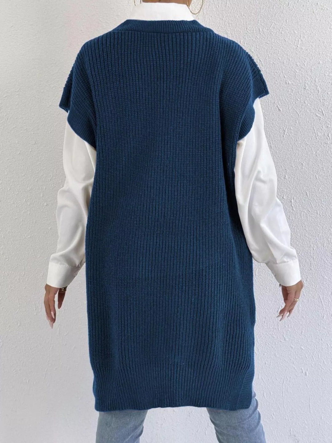 Pearl-trim V-neck ribbed sweater dress with side slits