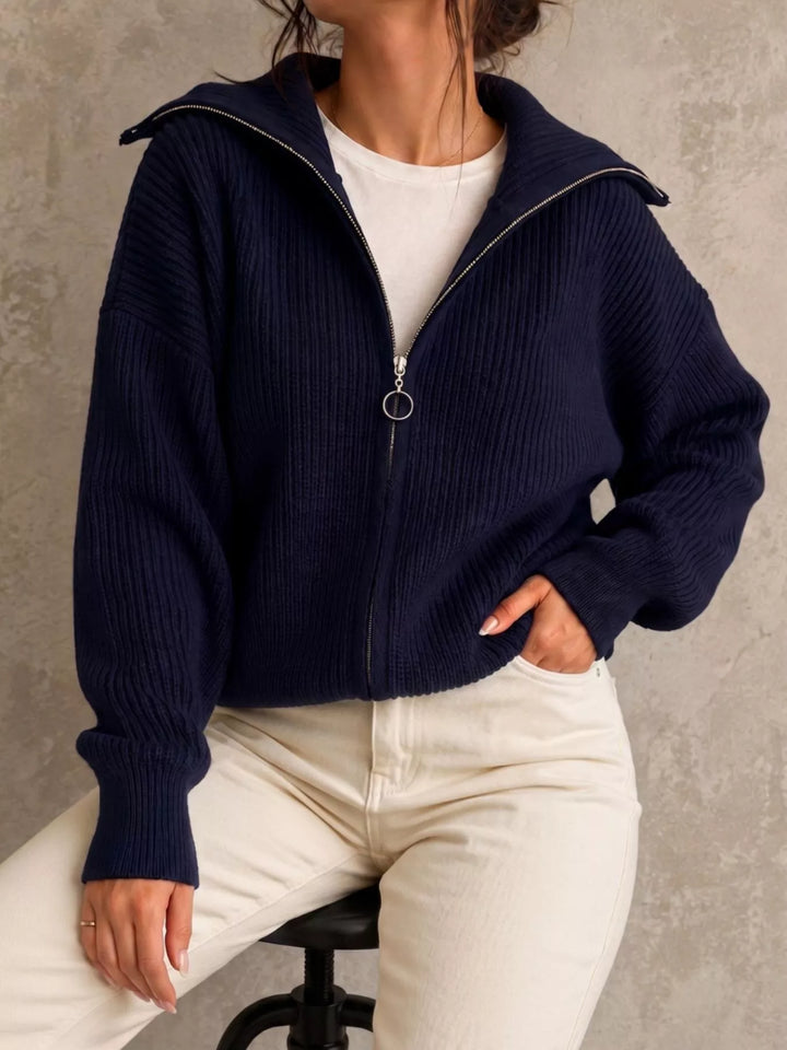 Chunky two-way zip sweater jacket with foldover collar