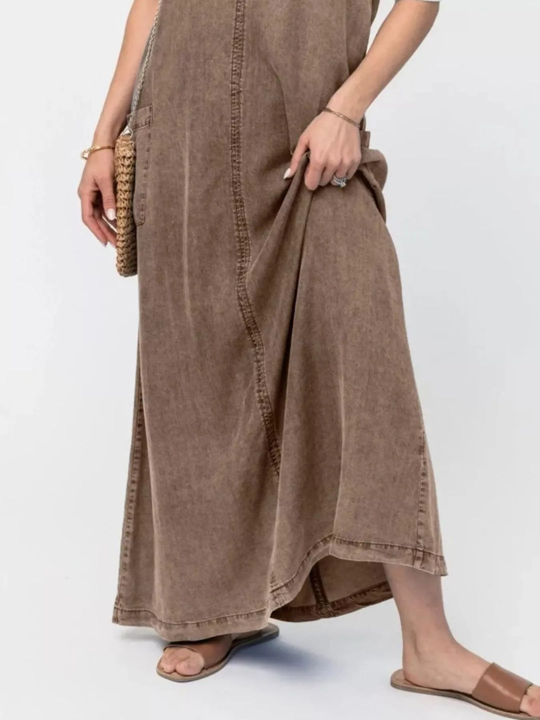 Washed denim cami maxi dress with side pockets