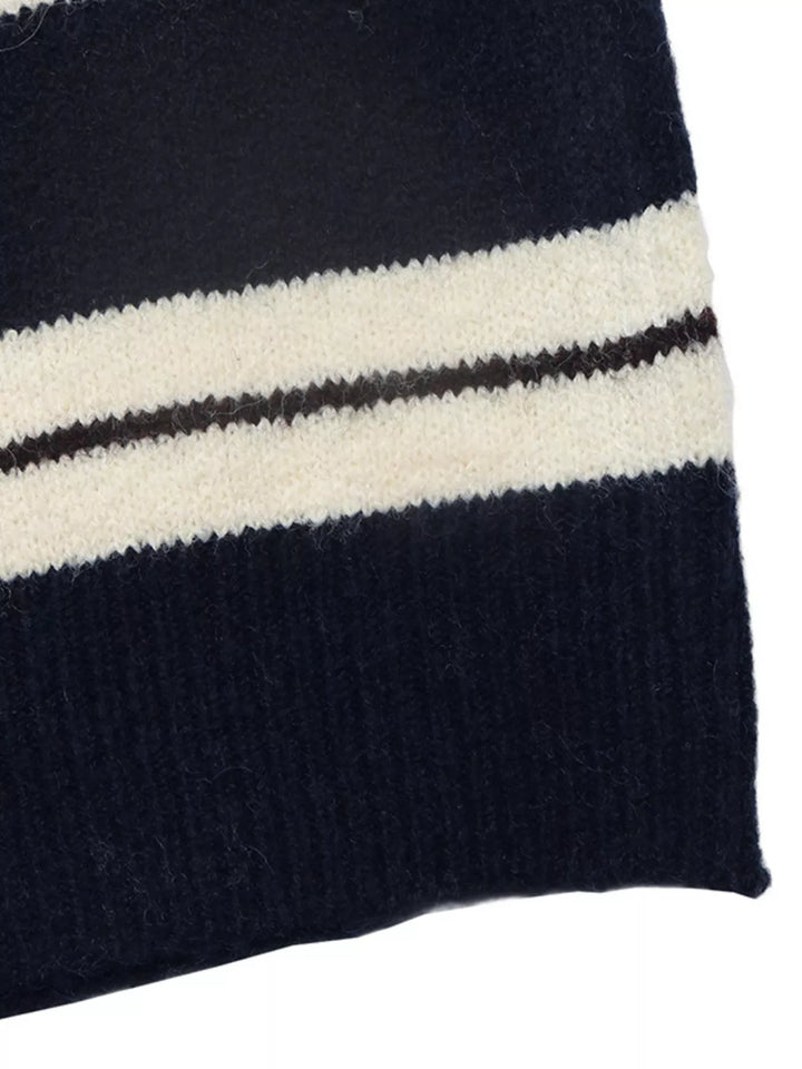 Striped polo collar sweater with button placket