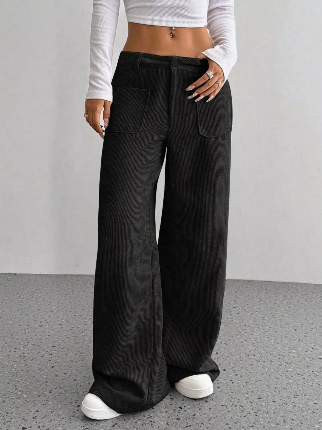 Wide-leg corduroy pants with front patch pockets