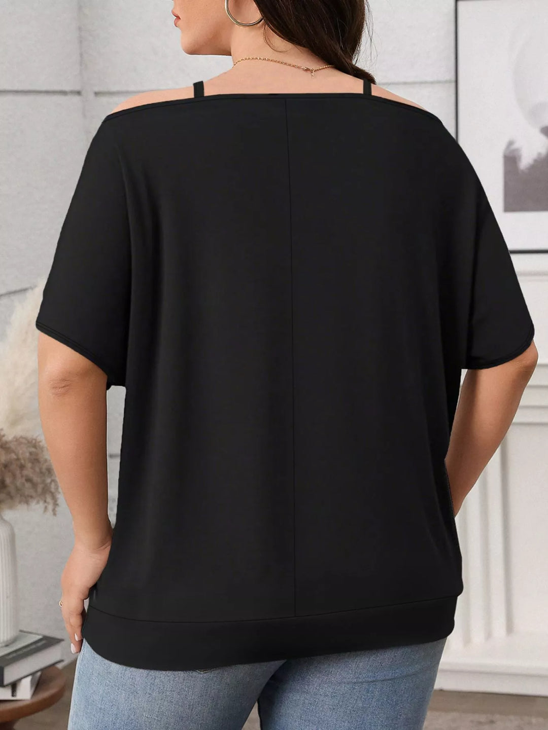 Plus-size cold shoulder V-neck top with strap detail