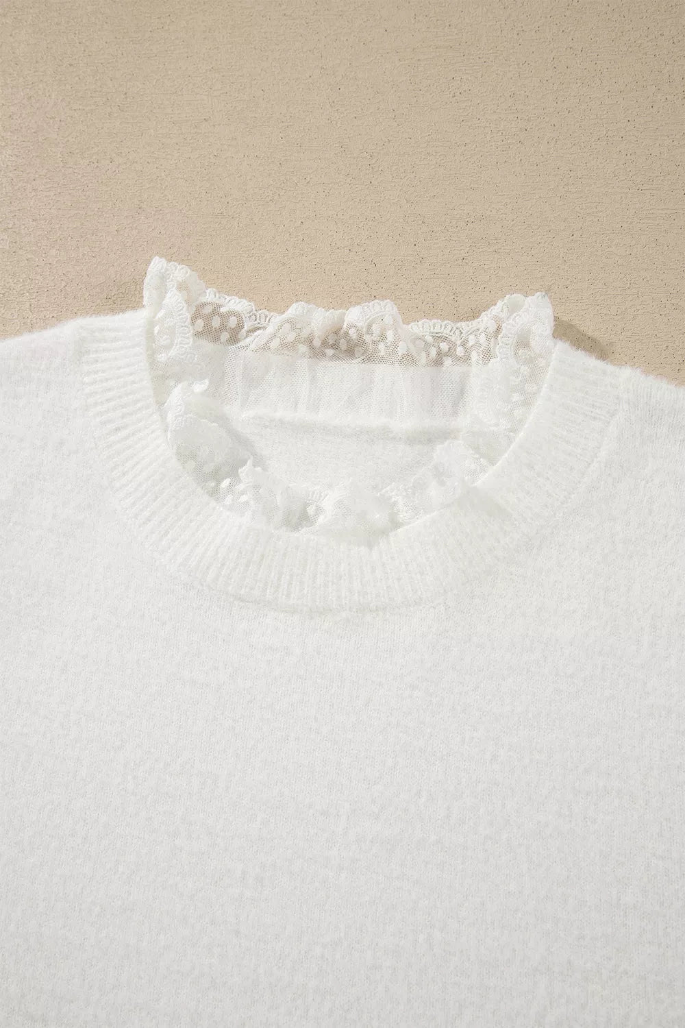 Lace trim fuzzy knit crew neck pullover sweater