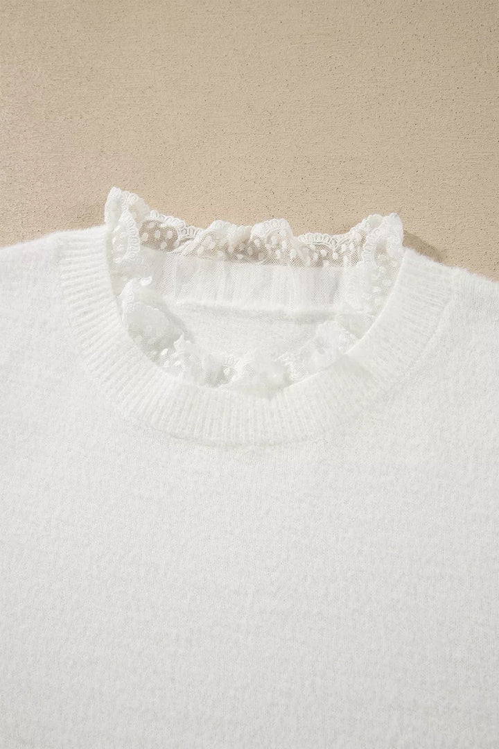 Lace trim fuzzy knit crew neck pullover sweater