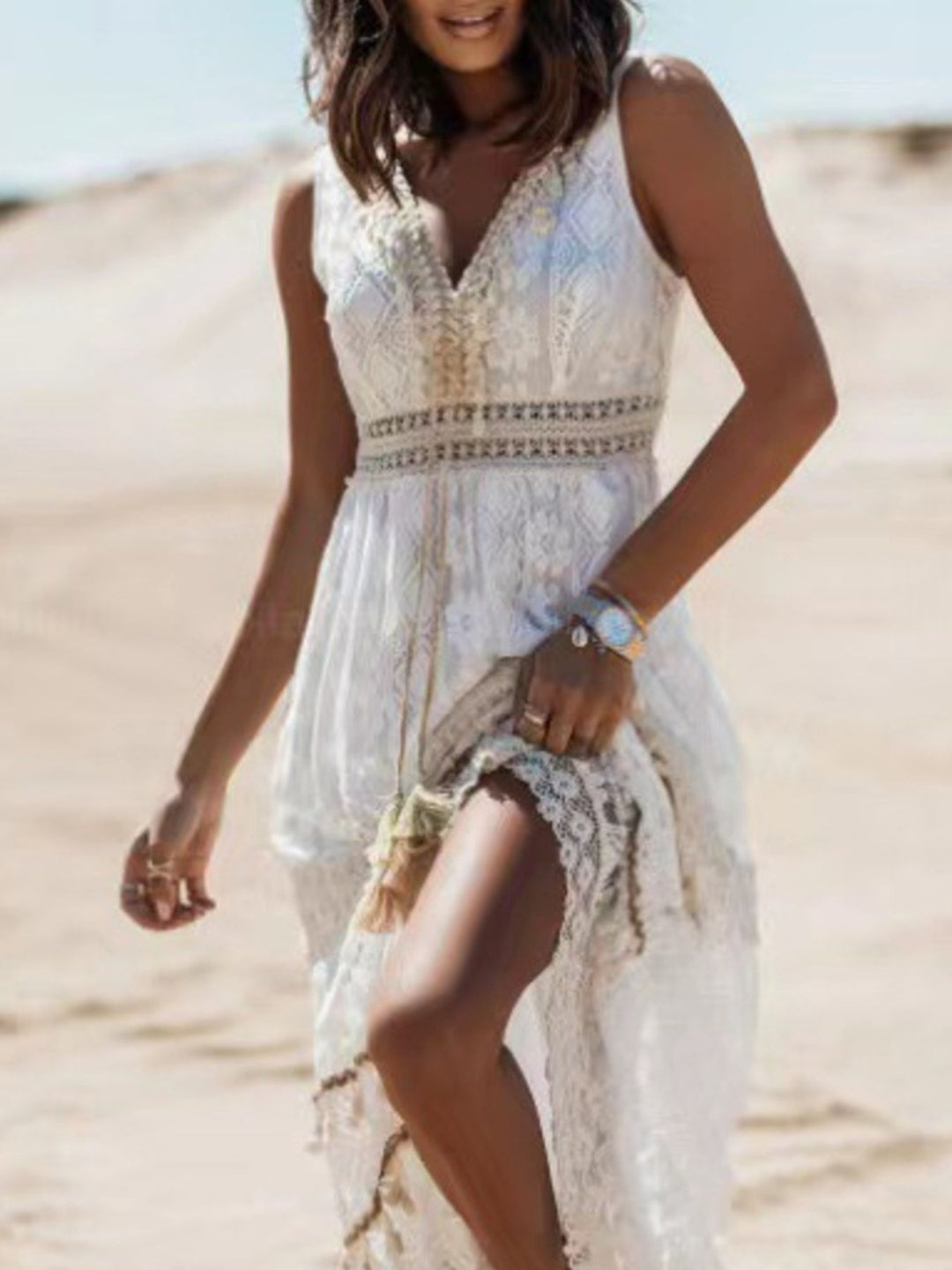 Crochet lace sleeveless V-neck maxi dress with tassel trim