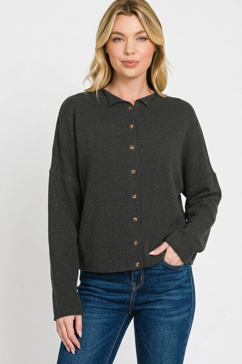 Collared button-down knit cardigan with drop shoulders